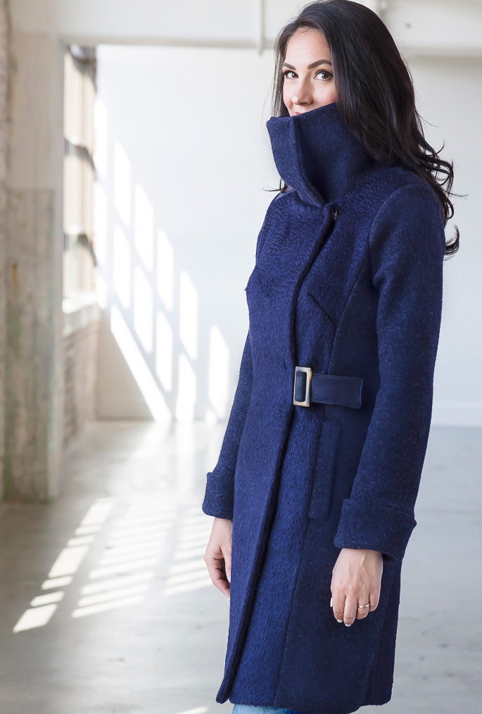 COWL NECK COAT NAVY WAVE