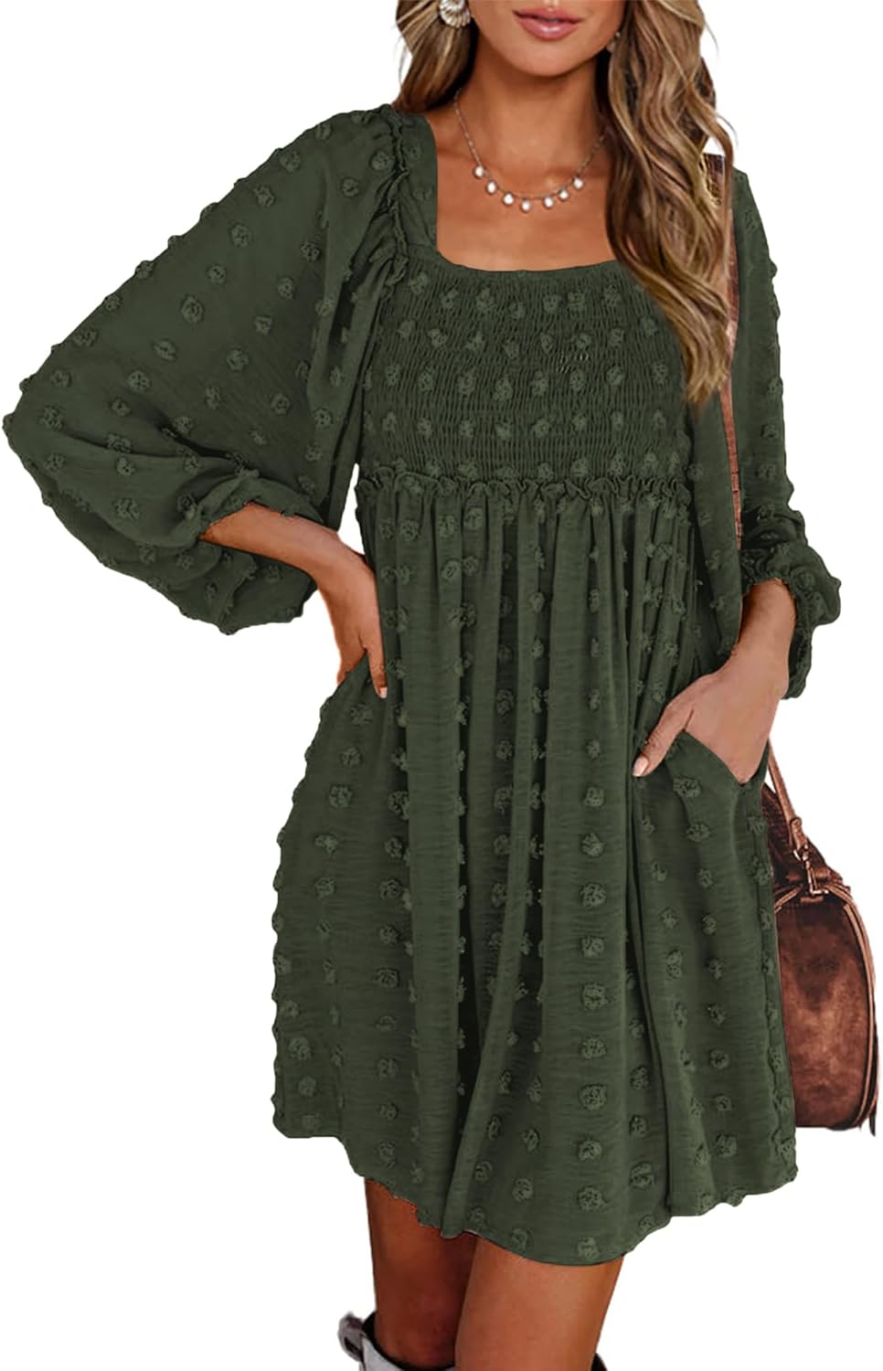 BTFBM Women Square Neck Smocked Summer Fall Dresses 2023 Long Sleeve Floral Swiss Dot Ruffle Party Mini Babydoll Dress