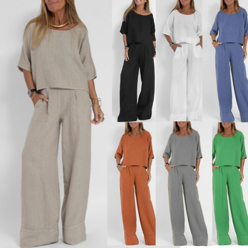 Cross-Border Amazon Aliexpress European And American Summer New Women'S Casual Loose Solid Color Short-Sleeved Cotton And Linen Pants Suit