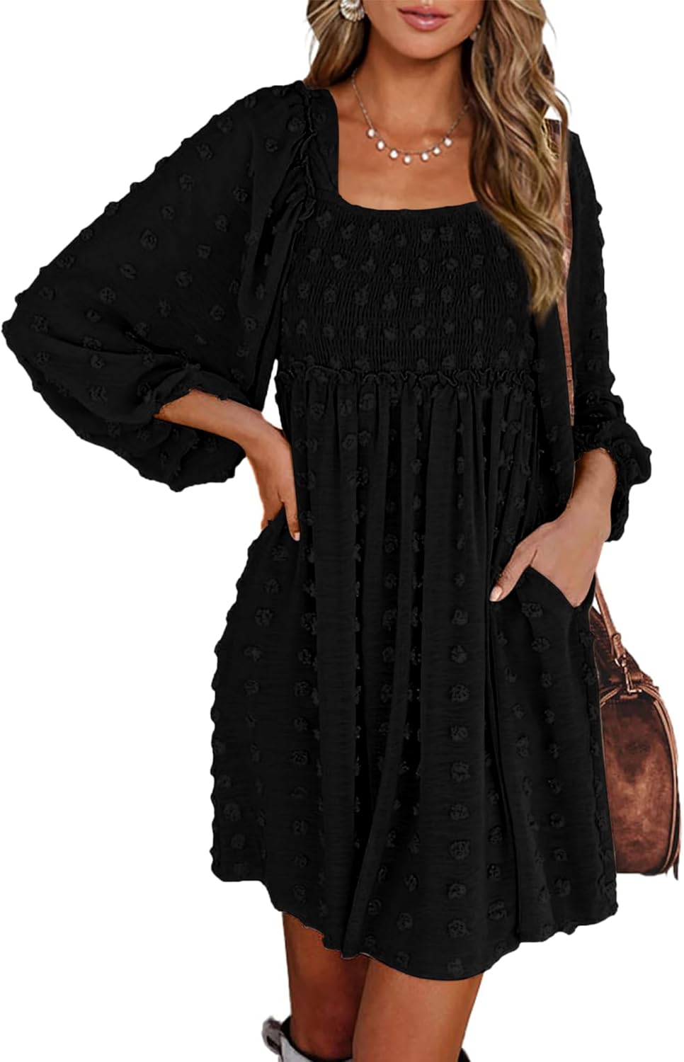 BTFBM Women Square Neck Smocked Summer Fall Dresses 2023 Long Sleeve Floral Swiss Dot Ruffle Party Mini Babydoll Dress