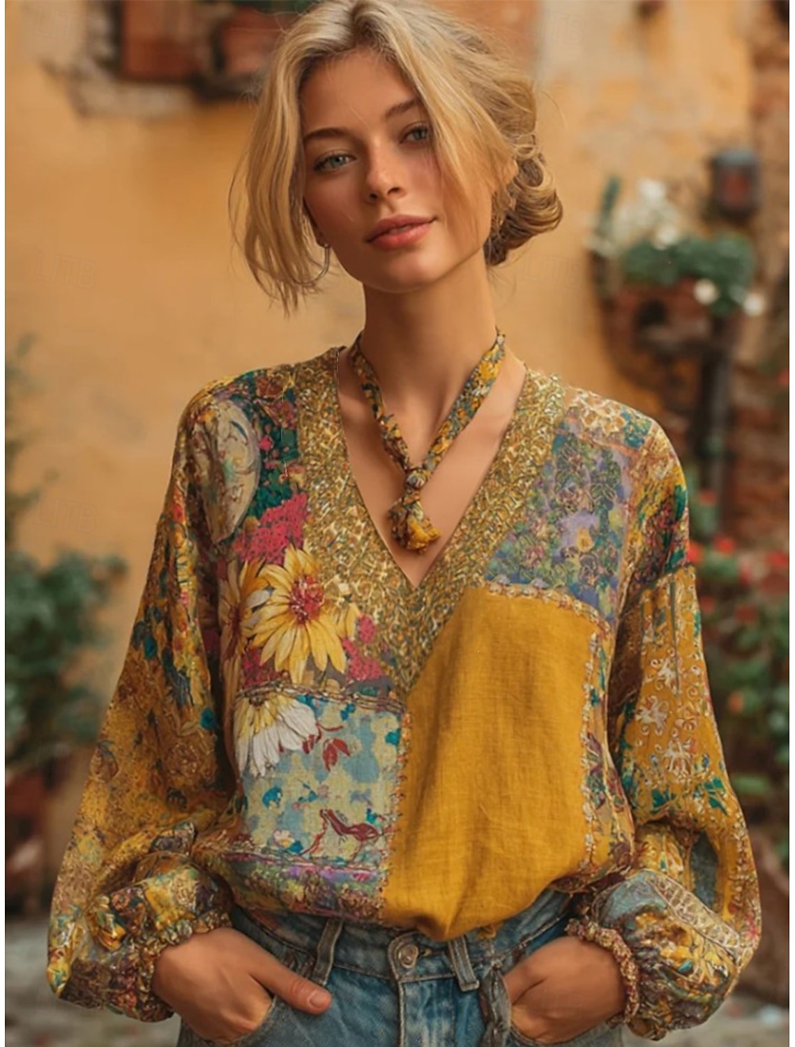Women's Boho Linen-Like Blouse – Lightweight Floral V-Neck Long Sleeve Vintage Top