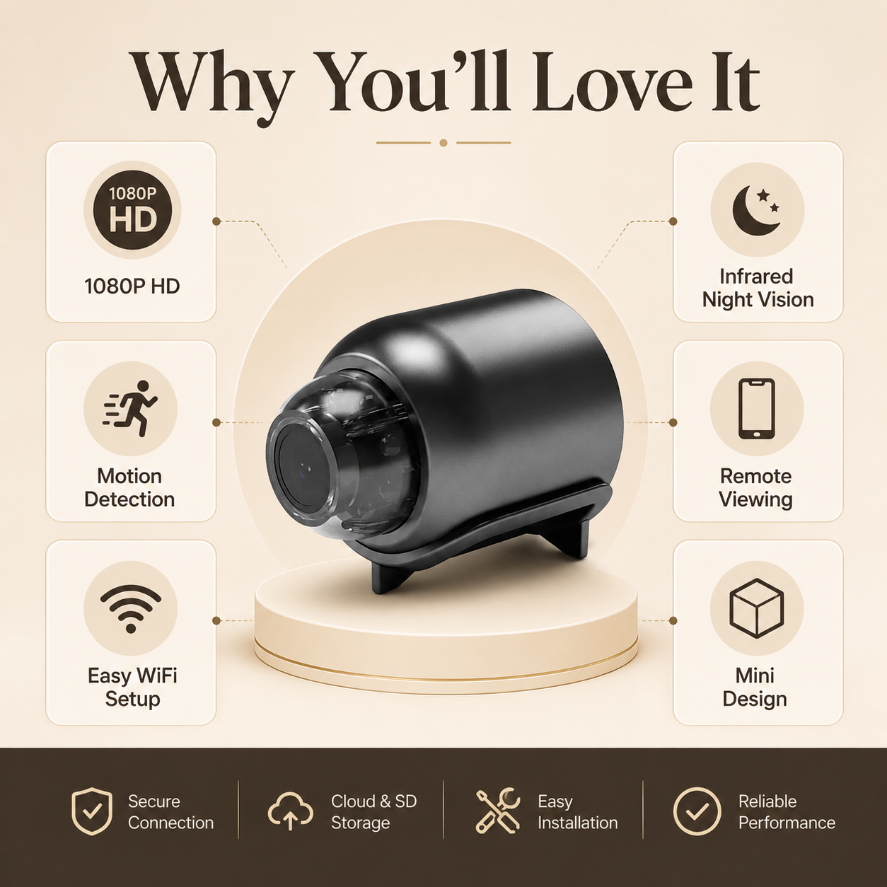 Mini WiFi Security Camera 1080P HD with Infrared Night Vision