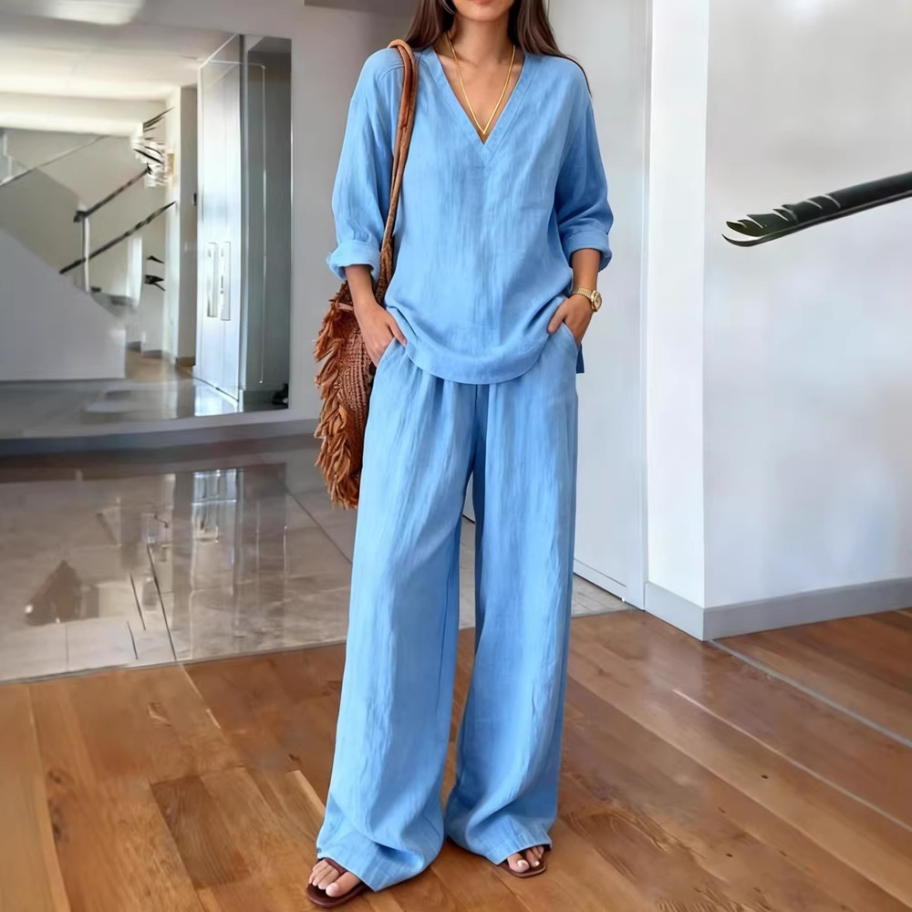 2026 New Casual V-neck Pullover Long-sleeved Trousers Washed Cotton Multi-color Women's Suit