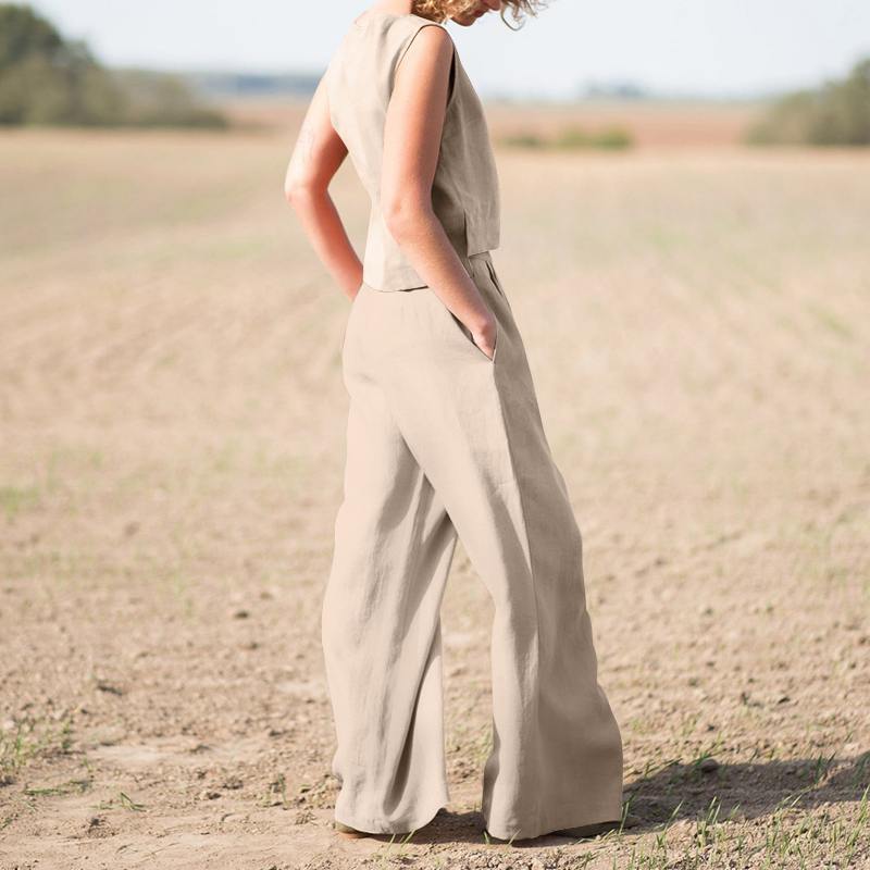 Solid color ethnic style retro trousers cotton linen casual long-sleeved loose cotton suit