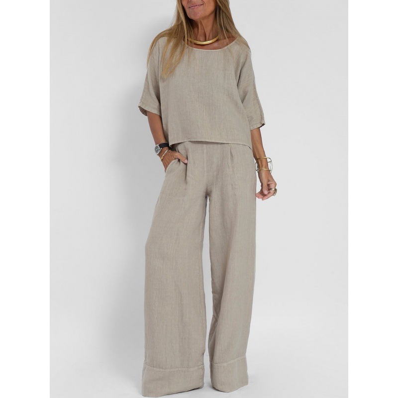 Cross-Border Amazon Aliexpress European And American Summer New Women'S Casual Loose Solid Color Short-Sleeved Cotton And Linen Pants Suit