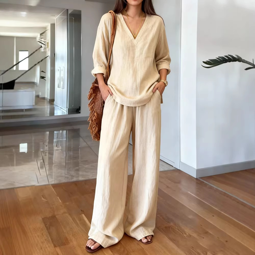 2026 New Casual V-neck Pullover Long-sleeved Trousers Washed Cotton Multi-color Women's Suit