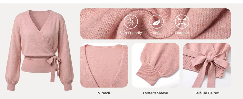 Fisoew Womens V Neck Wrap Cardigan Sweaters Casual Tie Belted Long Lantern Sleeve Slim Fit Knit Crop Pullover Tops SohoChic