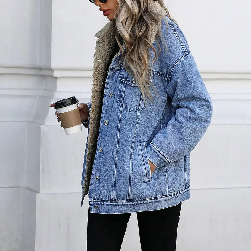 Women's Fall Winter Casual Long Sleeve Fitted Jacket, Elegant Solid Color Stand Collar Thick Warm Denim Coat, Jean Jacket Coat, Casual Coats, Casual Fashionable Outerwear, Versatile Outerwear for Women Lady Womenswear, Autumn Denim Jackets