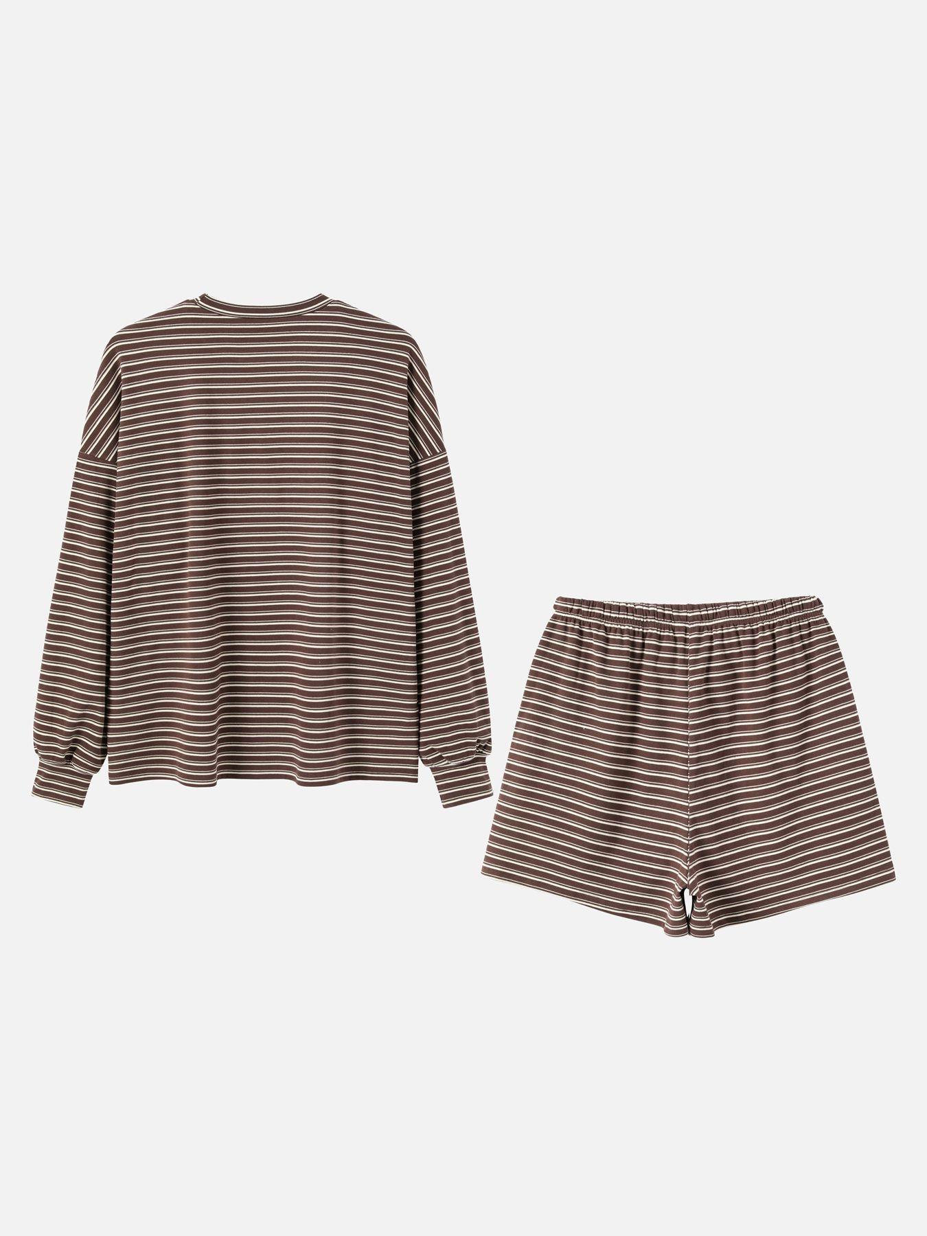 Women's Striped Set, Loose Fit Oversized, Casual Round Neck Long Sleeve Top, Pocket Shorts, 2-Piece Set, Soft Comfortable, Thick Warm Home Wear Everyday Women's Striped Set, Loose Fit Oversized, Casual Round Neck Long Sleeve Top, Pocket Shorts, 2-Piece Set, Soft Comfortable, Thick Warm Home Wear Everyday