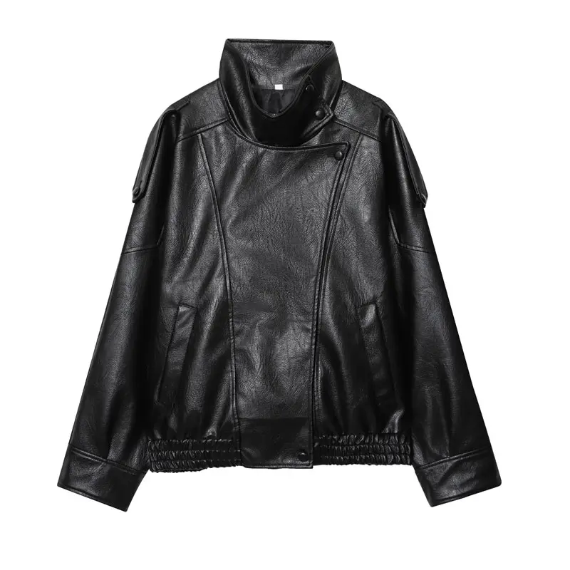 Women's Stand Collar Faux Leather Jacket, Streetwear Casual Style Outerwear Long Sleeve Coats for Spring & Fall, Waterproof & Windproof Clothes for Daily Wear, Oversized Jacket, Casual Fashionable Outerwear, Casual Collared Outerwear