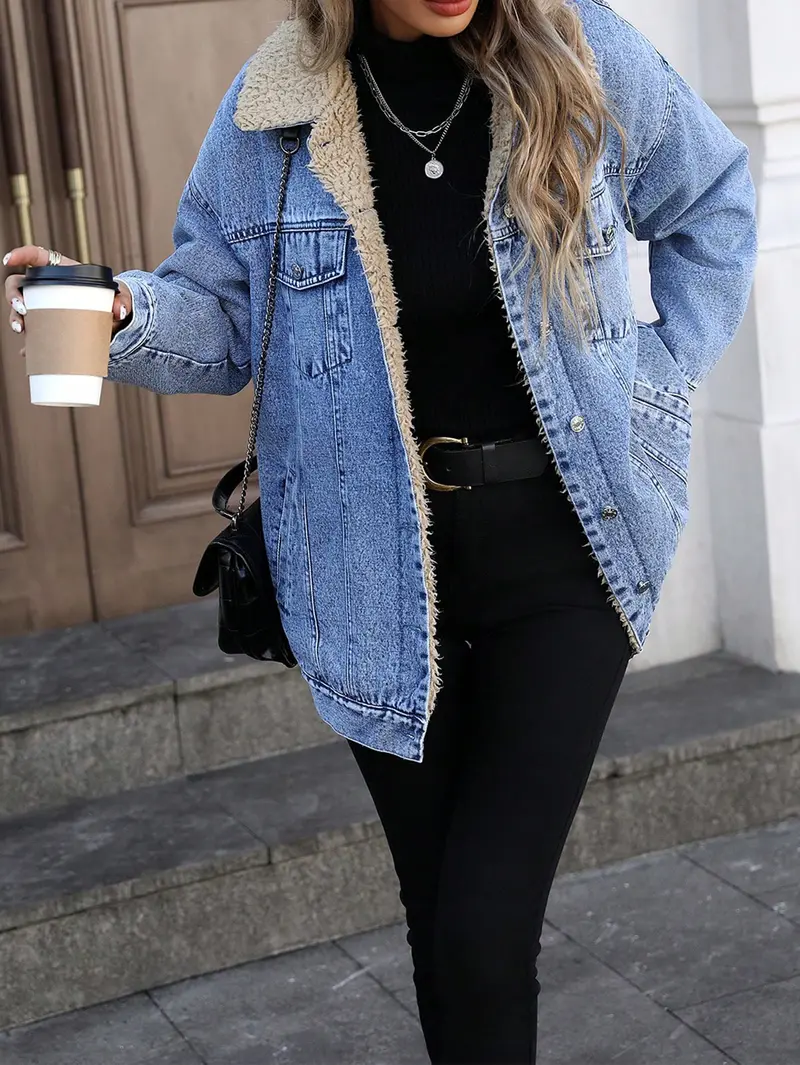 Women's Fall Winter Casual Long Sleeve Fitted Jacket, Elegant Solid Color Stand Collar Thick Warm Denim Coat, Jean Jacket Coat, Casual Coats, Casual Fashionable Outerwear, Versatile Outerwear for Women Lady Womenswear, Autumn Denim Jackets