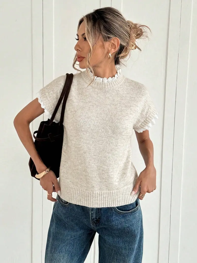 Apricot Round-Neck Lace-Trimmed Knit Vest for Work, Everyday Wear for Spring and Summer