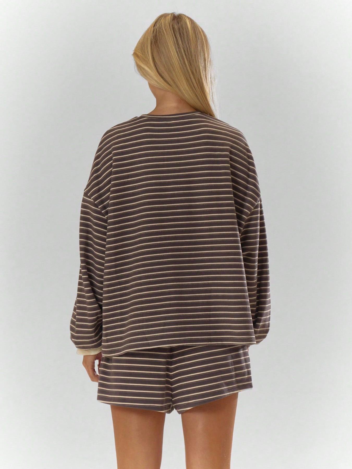 Women's Striped Set, Loose Fit Oversized, Casual Round Neck Long Sleeve Top, Pocket Shorts, 2-Piece Set, Soft Comfortable, Thick Warm Home Wear Everyday Women's Striped Set, Loose Fit Oversized, Casual Round Neck Long Sleeve Top, Pocket Shorts, 2-Piece Set, Soft Comfortable, Thick Warm Home Wear Everyday