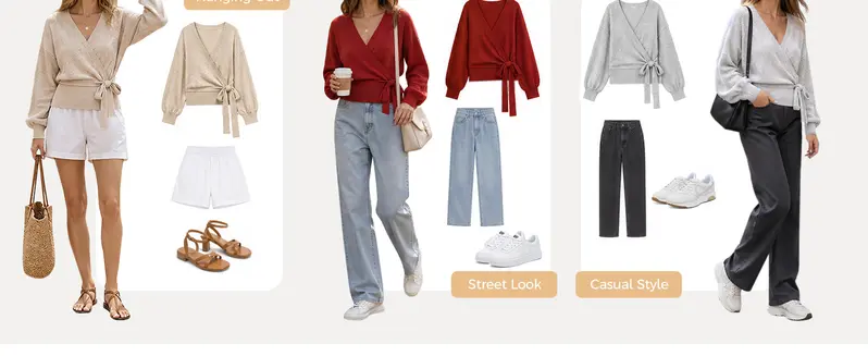 Fisoew Womens V Neck Wrap Cardigan Sweaters Casual Tie Belted Long Lantern Sleeve Slim Fit Knit Crop Pullover Tops SohoChic