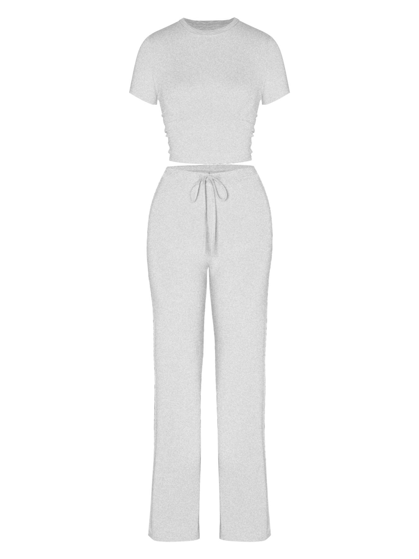 Two-Piece Set Women's Plain Crop Tee & Drawstring Waist Pants Loungewear Set, Casual Comfy Round Neck Short Sleeve Top & Trousers PJ Set, Ladies Sleepwear for All Seasons Two-Piece Set Women's Plain Crop Tee & Drawstring Waist Pants Loungewear Set, Casual Comfy Round Neck Short Sleeve Top & Trousers PJ Set, Ladies Sleepwear for All Seasons