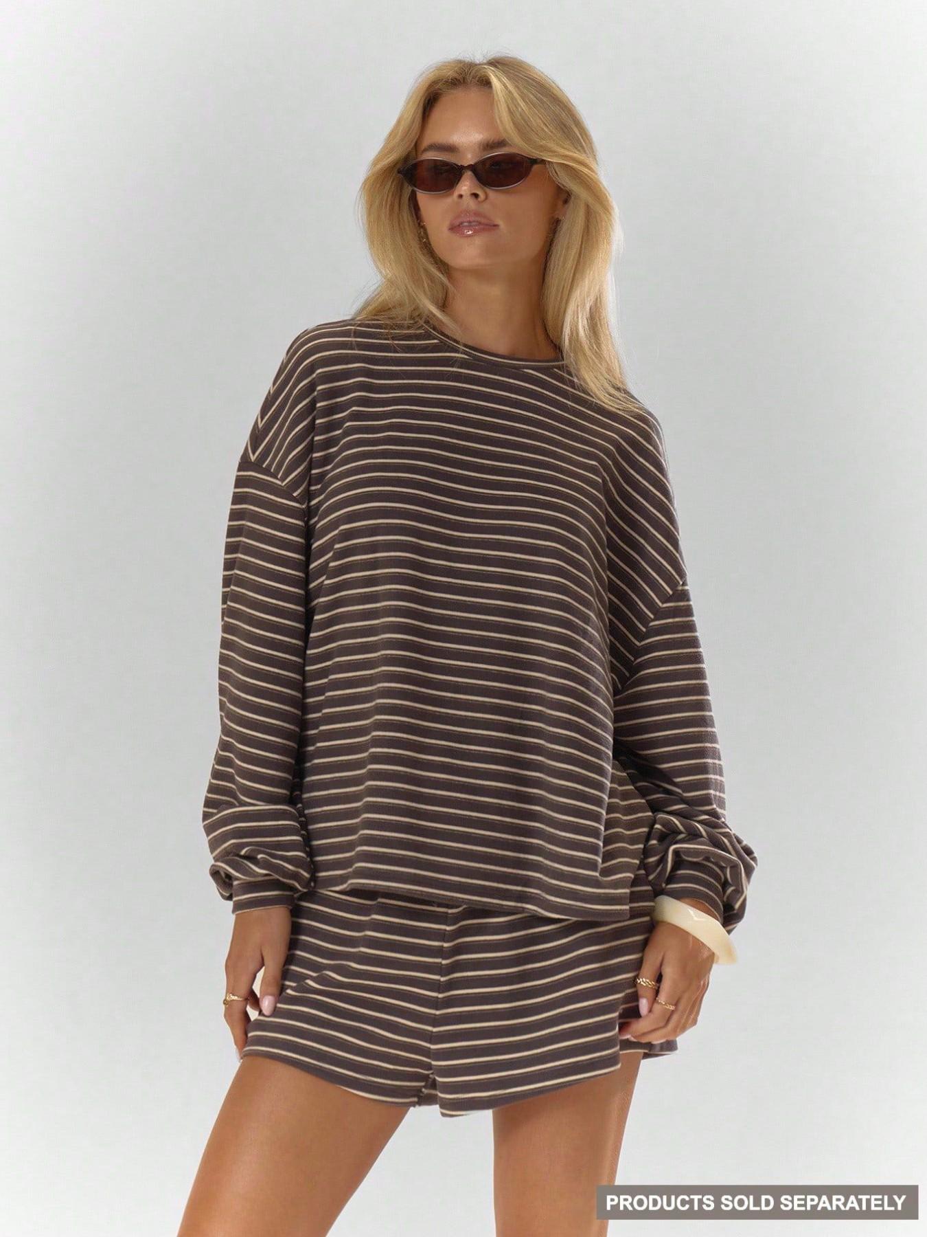 Women's Striped Set, Loose Fit Oversized, Casual Round Neck Long Sleeve Top, Pocket Shorts, 2-Piece Set, Soft Comfortable, Thick Warm Home Wear Everyday Women's Striped Set, Loose Fit Oversized, Casual Round Neck Long Sleeve Top, Pocket Shorts, 2-Piece Set, Soft Comfortable, Thick Warm Home Wear Everyday
