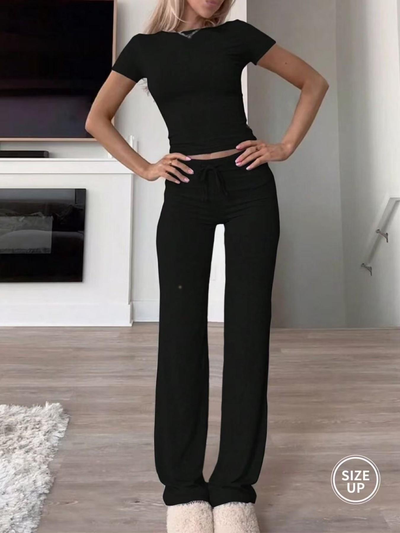 Two-Piece Set Women's Plain Crop Tee & Drawstring Waist Pants Loungewear Set, Casual Comfy Round Neck Short Sleeve Top & Trousers PJ Set, Ladies Sleepwear for All Seasons Two-Piece Set Women's Plain Crop Tee & Drawstring Waist Pants Loungewear Set, Casual Comfy Round Neck Short Sleeve Top & Trousers PJ Set, Ladies Sleepwear for All Seasons