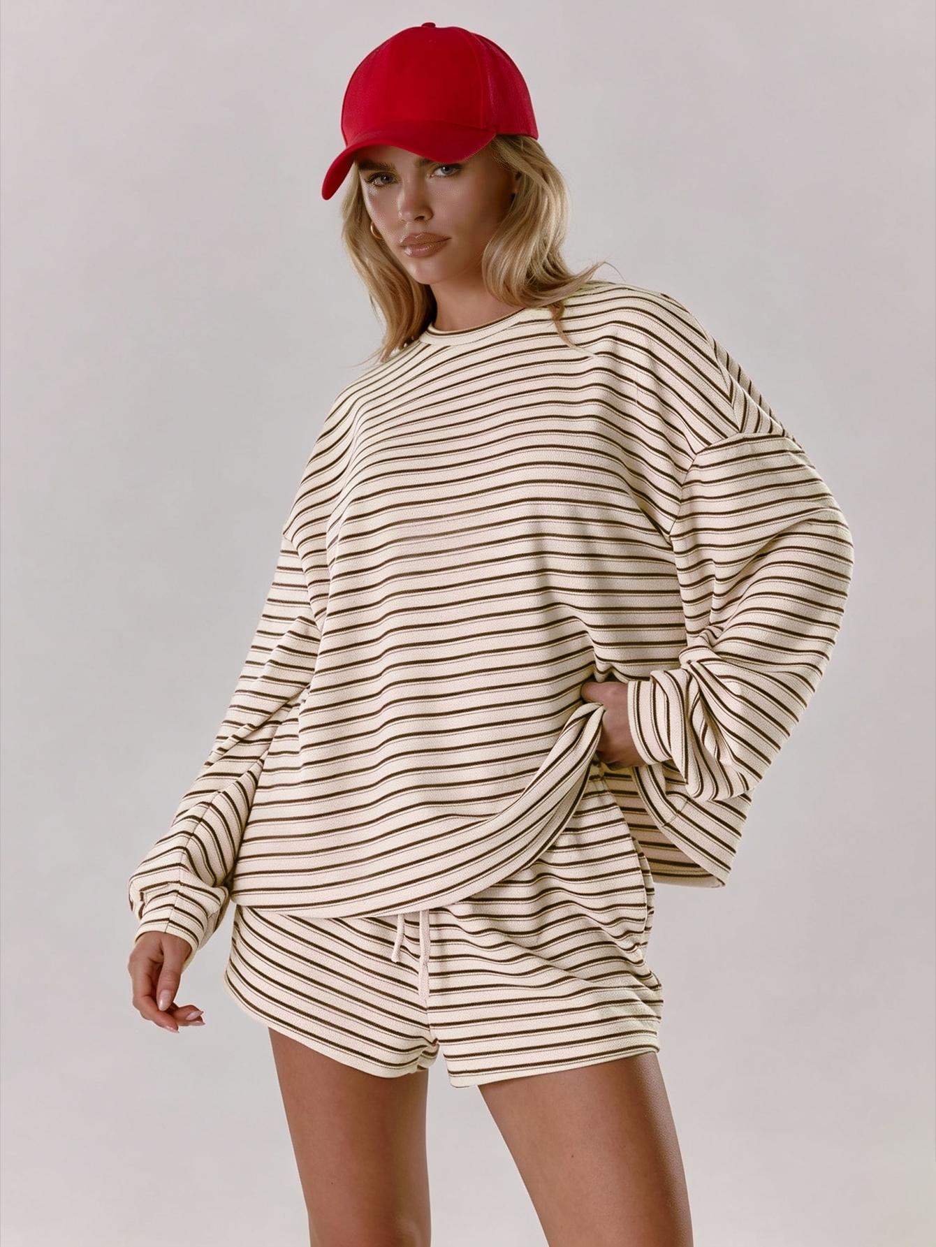 Women's Striped Set, Loose Fit Oversized, Casual Round Neck Long Sleeve Top, Pocket Shorts, 2-Piece Set, Soft Comfortable, Thick Warm Home Wear Everyday Women's Striped Set, Loose Fit Oversized, Casual Round Neck Long Sleeve Top, Pocket Shorts, 2-Piece Set, Soft Comfortable, Thick Warm Home Wear Everyday