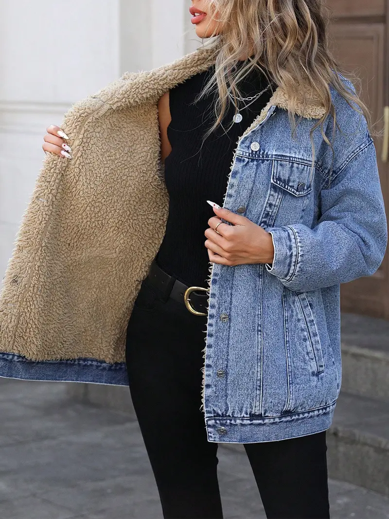 Women's Fall Winter Casual Long Sleeve Fitted Jacket, Elegant Solid Color Stand Collar Thick Warm Denim Coat, Jean Jacket Coat, Casual Coats, Casual Fashionable Outerwear, Versatile Outerwear for Women Lady Womenswear, Autumn Denim Jackets