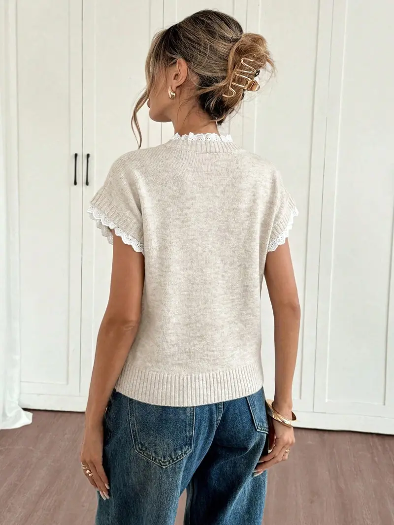 Apricot Round-Neck Lace-Trimmed Knit Vest for Work, Everyday Wear for Spring and Summer