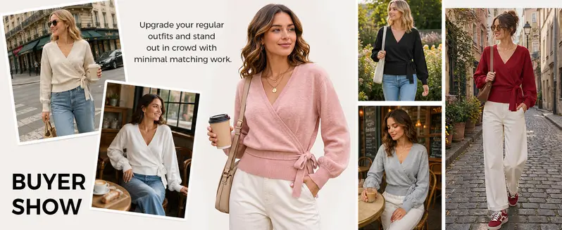 Fisoew Womens V Neck Wrap Cardigan Sweaters Casual Tie Belted Long Lantern Sleeve Slim Fit Knit Crop Pullover Tops SohoChic