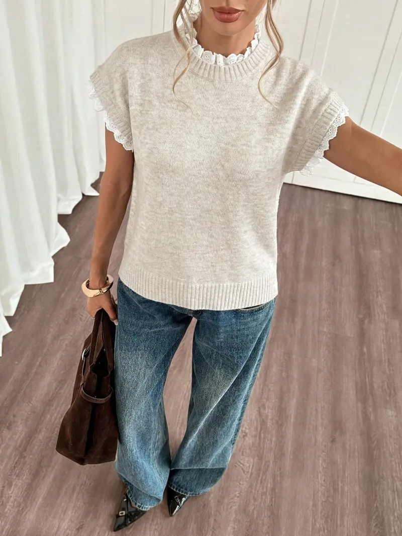 Apricot Round-Neck Lace-Trimmed Knit Vest for Work, Everyday Wear for Spring and Summer