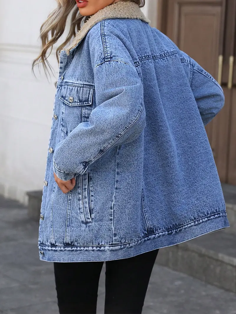 Women's Fall Winter Casual Long Sleeve Fitted Jacket, Elegant Solid Color Stand Collar Thick Warm Denim Coat, Jean Jacket Coat, Casual Coats, Casual Fashionable Outerwear, Versatile Outerwear for Women Lady Womenswear, Autumn Denim Jackets