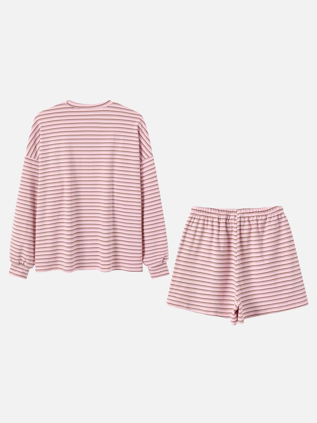 Women's Striped Set, Loose Fit Oversized, Casual Round Neck Long Sleeve Top, Pocket Shorts, 2-Piece Set, Soft Comfortable, Thick Warm Home Wear Everyday Women's Striped Set, Loose Fit Oversized, Casual Round Neck Long Sleeve Top, Pocket Shorts, 2-Piece Set, Soft Comfortable, Thick Warm Home Wear Everyday