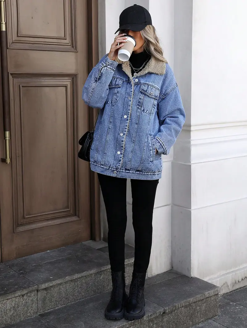 Women's Fall Winter Casual Long Sleeve Fitted Jacket, Elegant Solid Color Stand Collar Thick Warm Denim Coat, Jean Jacket Coat, Casual Coats, Casual Fashionable Outerwear, Versatile Outerwear for Women Lady Womenswear, Autumn Denim Jackets