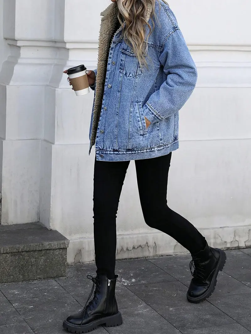 Women's Fall Winter Casual Long Sleeve Fitted Jacket, Elegant Solid Color Stand Collar Thick Warm Denim Coat, Jean Jacket Coat, Casual Coats, Casual Fashionable Outerwear, Versatile Outerwear for Women Lady Womenswear, Autumn Denim Jackets