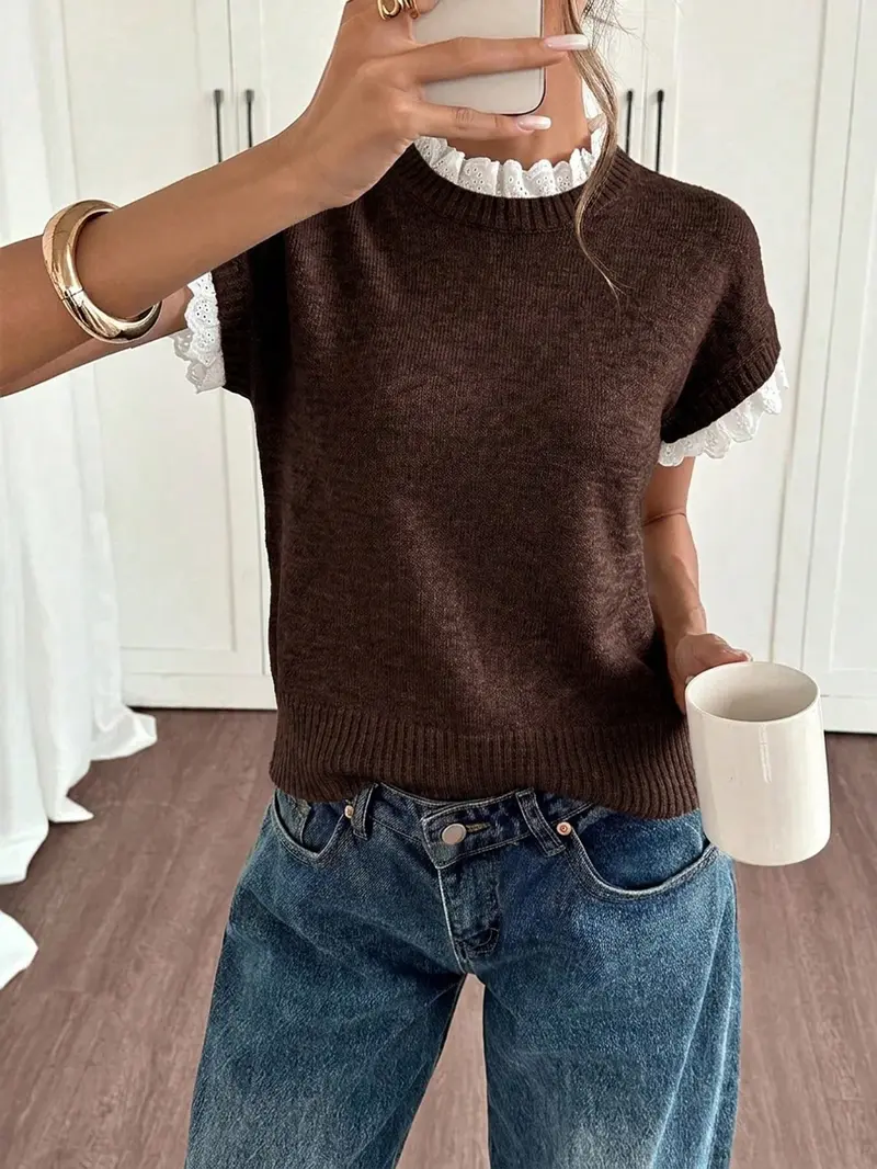 Apricot Round-Neck Lace-Trimmed Knit Vest for Work, Everyday Wear for Spring and Summer