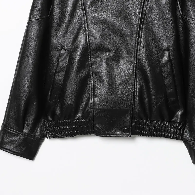 Women's Stand Collar Faux Leather Jacket, Streetwear Casual Style Outerwear Long Sleeve Coats for Spring & Fall, Waterproof & Windproof Clothes for Daily Wear, Oversized Jacket, Casual Fashionable Outerwear, Casual Collared Outerwear