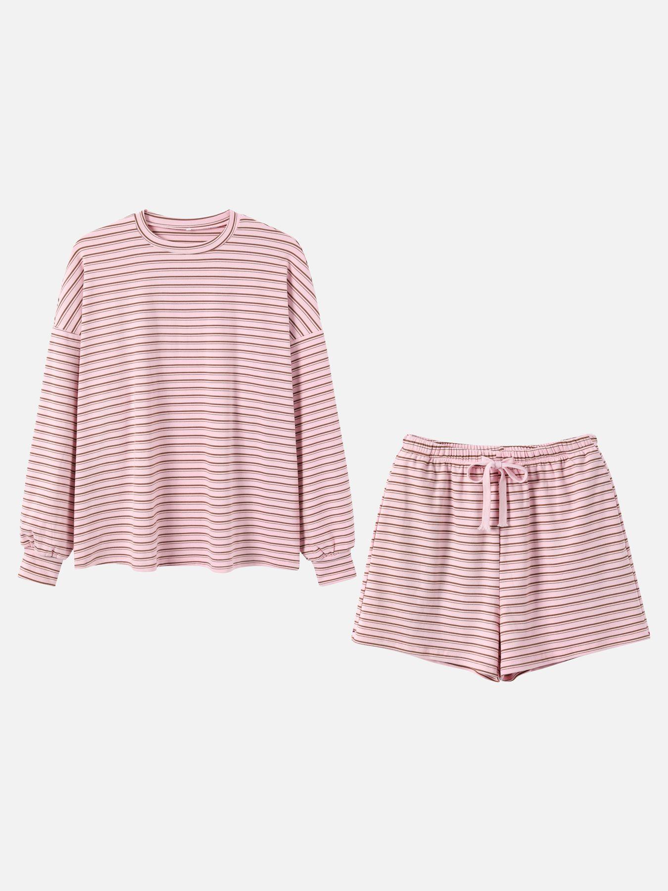 Women's Striped Set, Loose Fit Oversized, Casual Round Neck Long Sleeve Top, Pocket Shorts, 2-Piece Set, Soft Comfortable, Thick Warm Home Wear Everyday Women's Striped Set, Loose Fit Oversized, Casual Round Neck Long Sleeve Top, Pocket Shorts, 2-Piece Set, Soft Comfortable, Thick Warm Home Wear Everyday