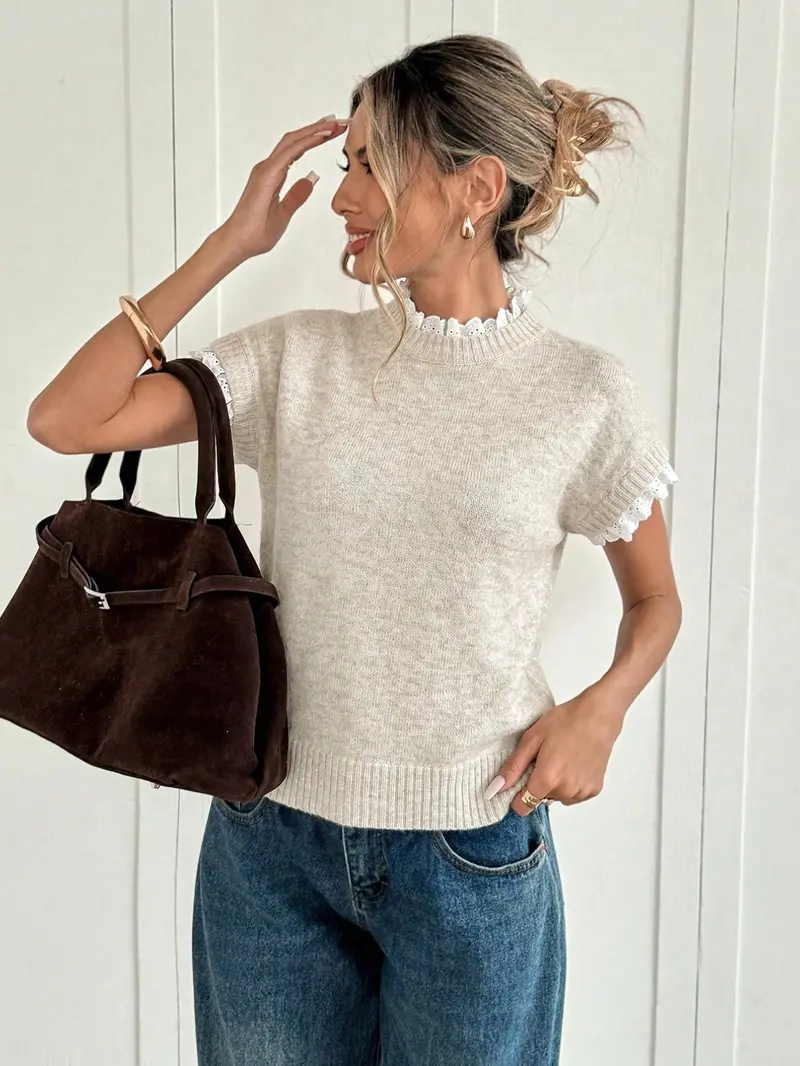 Apricot Round-Neck Lace-Trimmed Knit Vest for Work, Everyday Wear for Spring and Summer