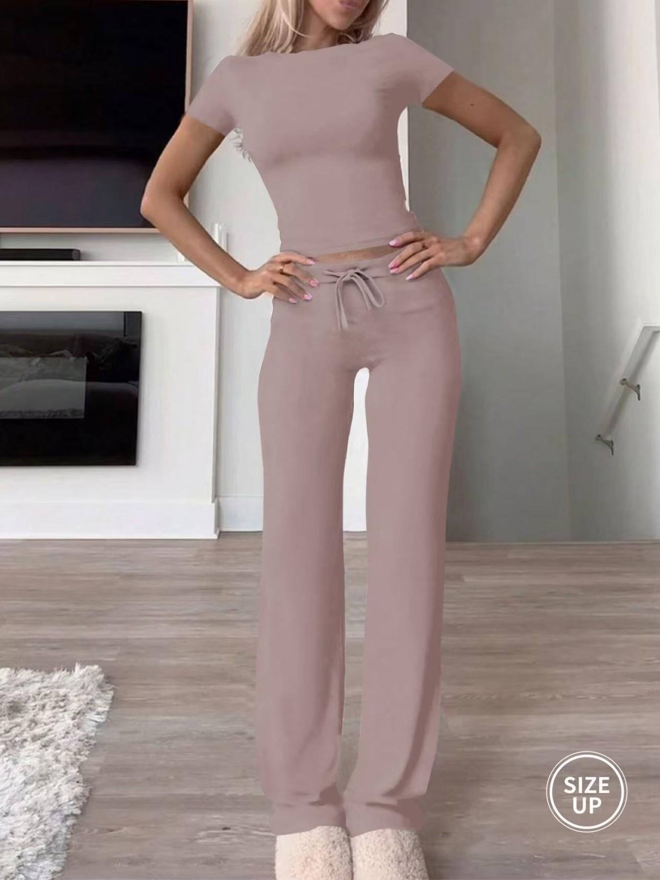 Two-Piece Set Women's Plain Crop Tee & Drawstring Waist Pants Loungewear Set, Casual Comfy Round Neck Short Sleeve Top & Trousers PJ Set, Ladies Sleepwear for All Seasons Two-Piece Set Women's Plain Crop Tee & Drawstring Waist Pants Loungewear Set, Casual Comfy Round Neck Short Sleeve Top & Trousers PJ Set, Ladies Sleepwear for All Seasons