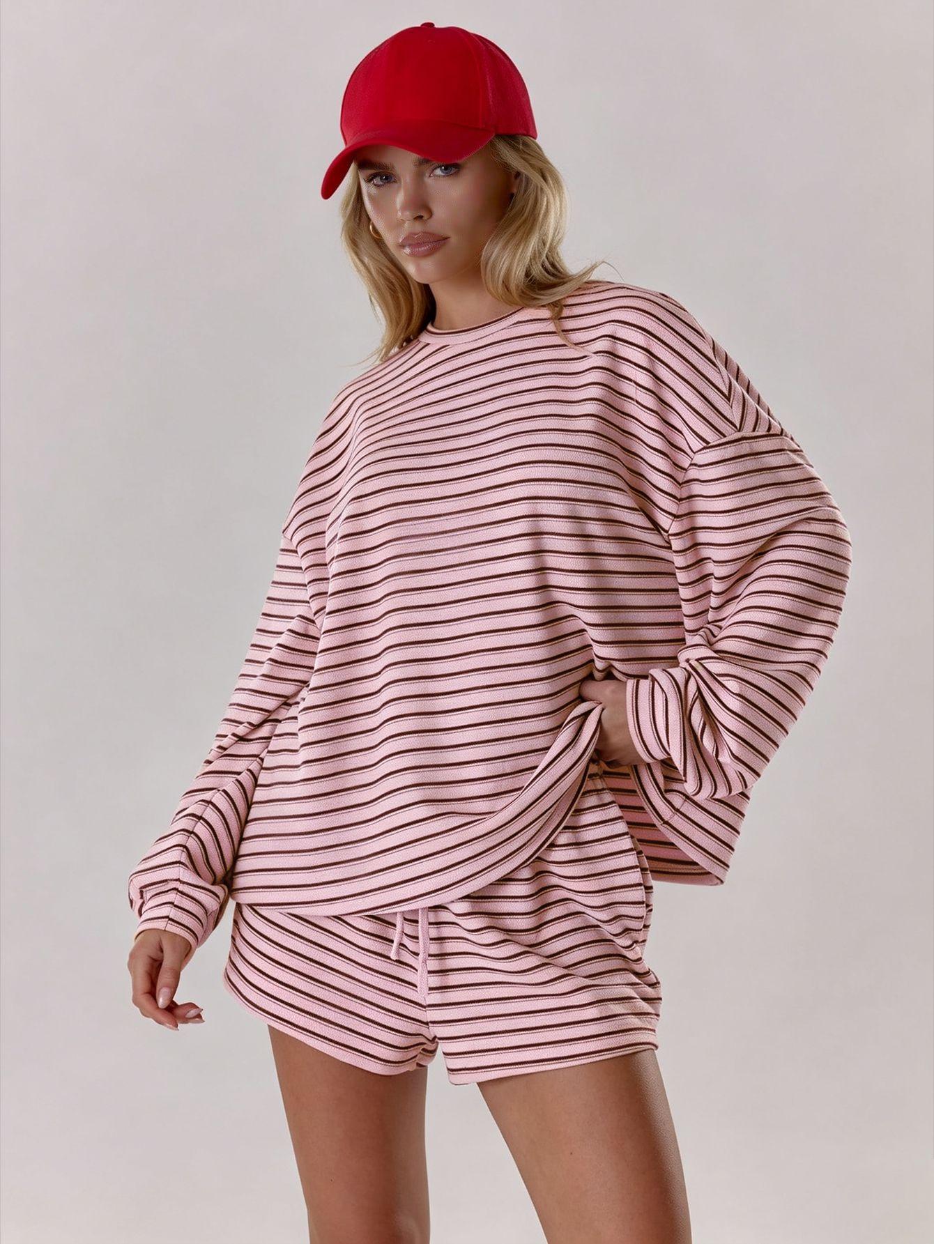 Women's Striped Set, Loose Fit Oversized, Casual Round Neck Long Sleeve Top, Pocket Shorts, 2-Piece Set, Soft Comfortable, Thick Warm Home Wear Everyday Women's Striped Set, Loose Fit Oversized, Casual Round Neck Long Sleeve Top, Pocket Shorts, 2-Piece Set, Soft Comfortable, Thick Warm Home Wear Everyday
