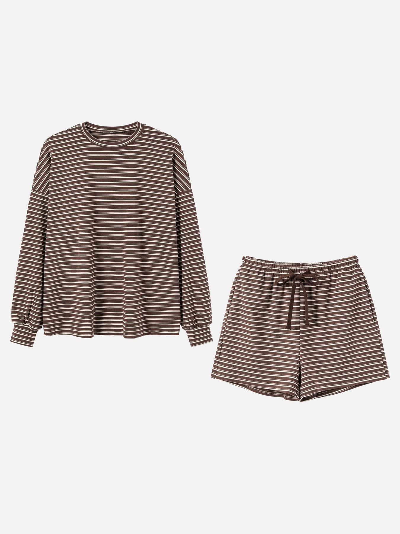 Women's Striped Set, Loose Fit Oversized, Casual Round Neck Long Sleeve Top, Pocket Shorts, 2-Piece Set, Soft Comfortable, Thick Warm Home Wear Everyday Women's Striped Set, Loose Fit Oversized, Casual Round Neck Long Sleeve Top, Pocket Shorts, 2-Piece Set, Soft Comfortable, Thick Warm Home Wear Everyday