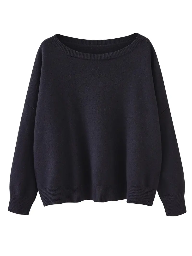 Women's Plain Scoop Neck Sweater Casual Long Sleeve Knit Top for Fall & Winter