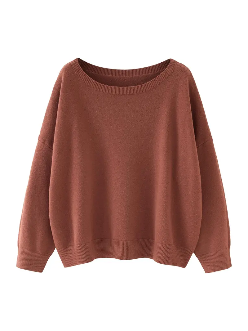 Women's Plain Scoop Neck Sweater Casual Long Sleeve Knit Top for Fall & Winter