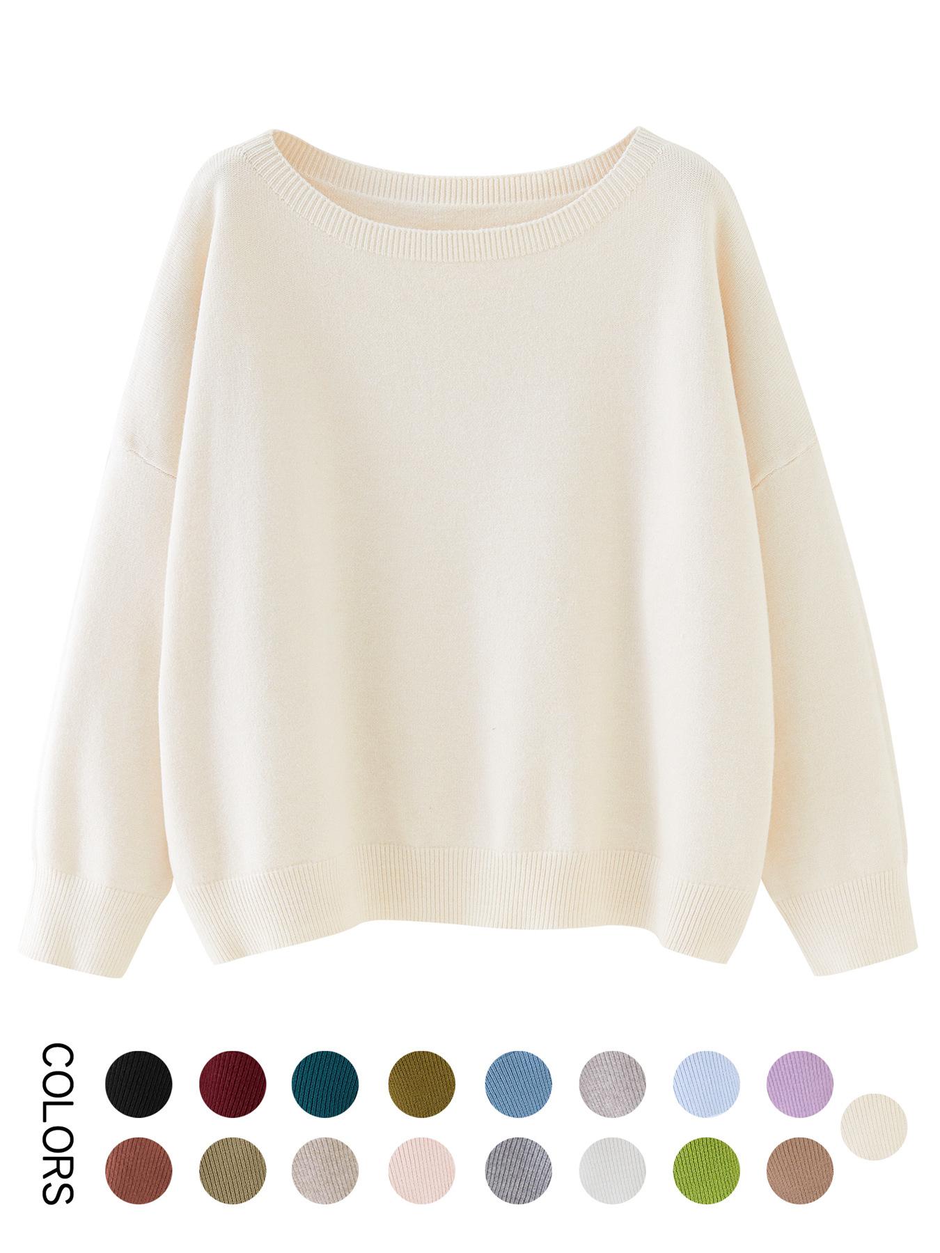Women's Plain Scoop Neck Sweater Casual Long Sleeve Knit Top for Fall & Winter
