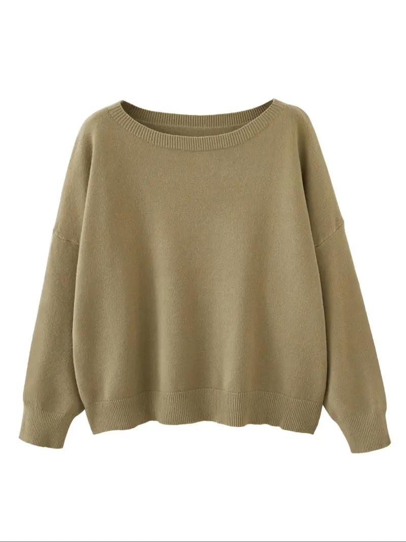 Women's Plain Scoop Neck Sweater Casual Long Sleeve Knit Top for Fall & Winter