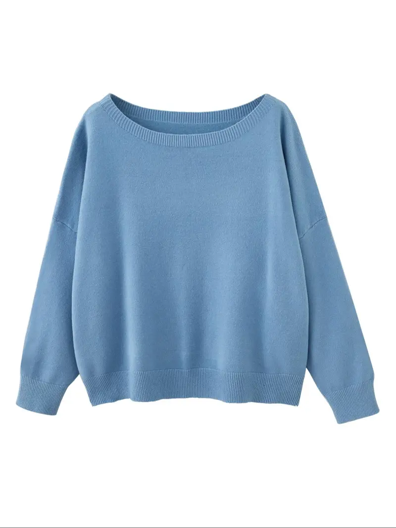 Women's Plain Scoop Neck Sweater Casual Long Sleeve Knit Top for Fall & Winter