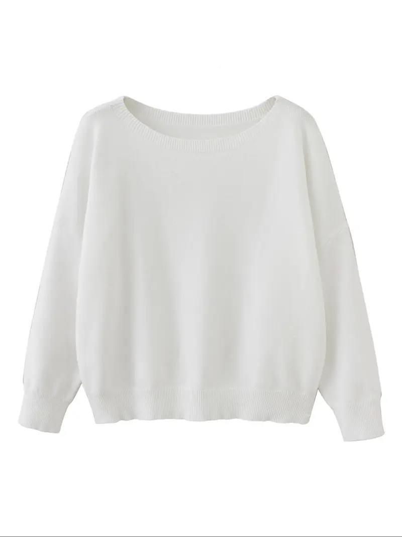 Women's Plain Scoop Neck Sweater Casual Long Sleeve Knit Top for Fall & Winter