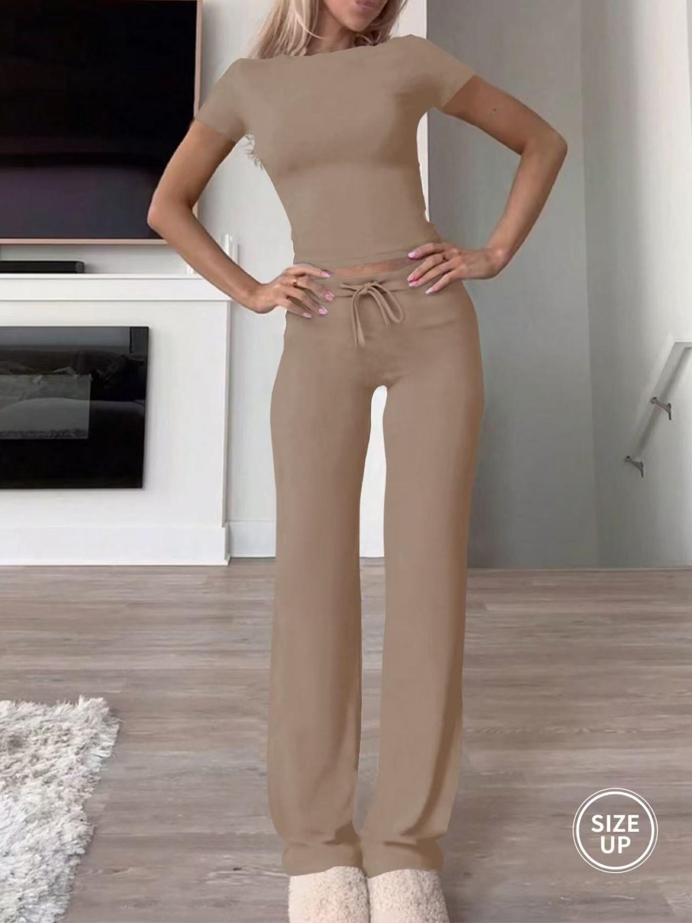 Two-Piece Set Women's Plain Crop Tee & Drawstring Waist Pants Loungewear Set, Casual Comfy Round Neck Short Sleeve Top & Trousers PJ Set, Ladies Sleepwear for All Seasons Two-Piece Set Women's Plain Crop Tee & Drawstring Waist Pants Loungewear Set, Casual Comfy Round Neck Short Sleeve Top & Trousers PJ Set, Ladies Sleepwear for All Seasons