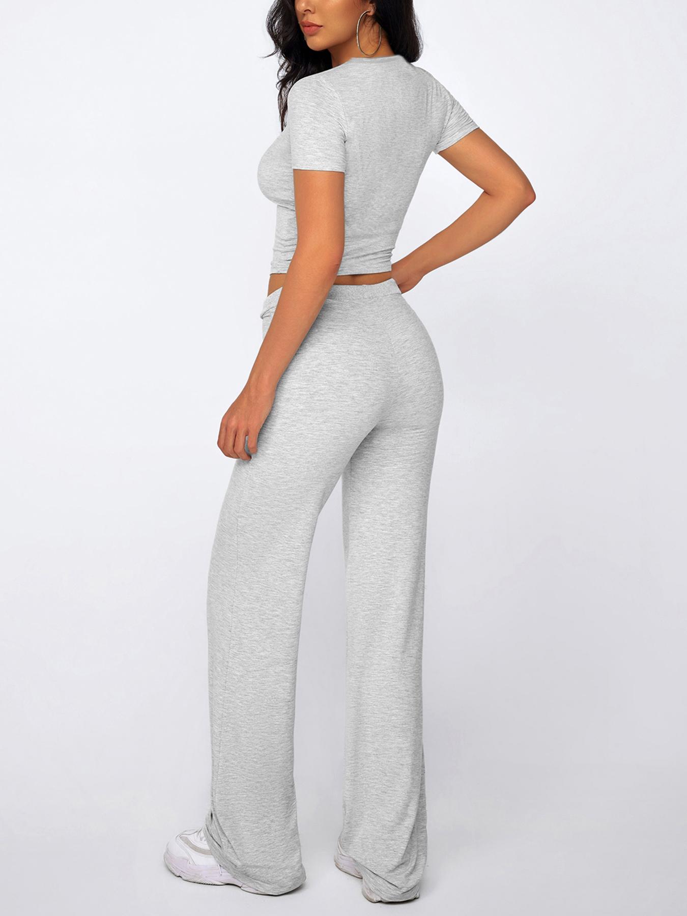 Two-Piece Set Women's Plain Crop Tee & Drawstring Waist Pants Loungewear Set, Casual Comfy Round Neck Short Sleeve Top & Trousers PJ Set, Ladies Sleepwear for All Seasons Two-Piece Set Women's Plain Crop Tee & Drawstring Waist Pants Loungewear Set, Casual Comfy Round Neck Short Sleeve Top & Trousers PJ Set, Ladies Sleepwear for All Seasons