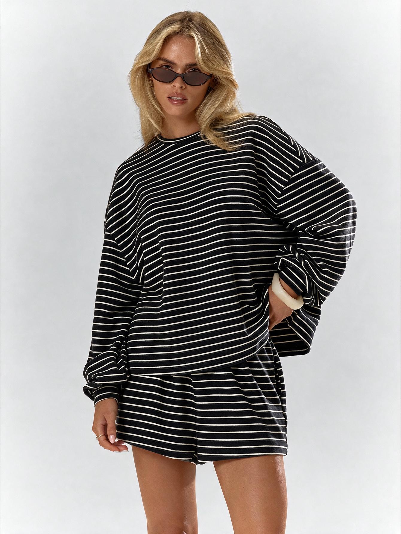Women's Striped Set, Loose Fit Oversized, Casual Round Neck Long Sleeve Top, Pocket Shorts, 2-Piece Set, Soft Comfortable, Thick Warm Home Wear Everyday Women's Striped Set, Loose Fit Oversized, Casual Round Neck Long Sleeve Top, Pocket Shorts, 2-Piece Set, Soft Comfortable, Thick Warm Home Wear Everyday