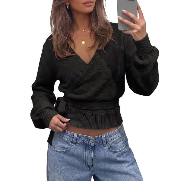 Womens V Neck Wrap Cardigan Sweater for Casual & School Outfits