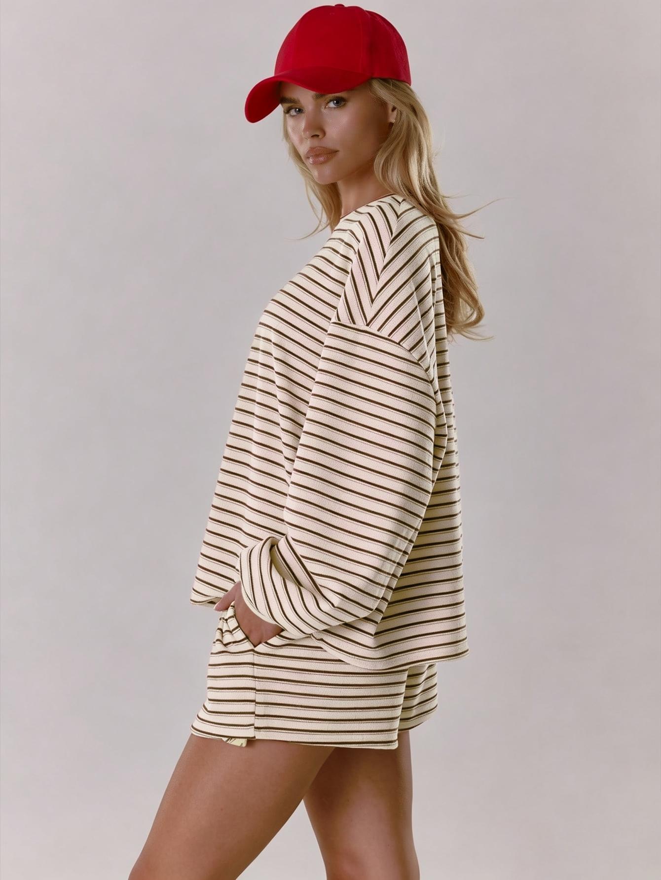 Women's Striped Set, Loose Fit Oversized, Casual Round Neck Long Sleeve Top, Pocket Shorts, 2-Piece Set, Soft Comfortable, Thick Warm Home Wear Everyday Women's Striped Set, Loose Fit Oversized, Casual Round Neck Long Sleeve Top, Pocket Shorts, 2-Piece Set, Soft Comfortable, Thick Warm Home Wear Everyday