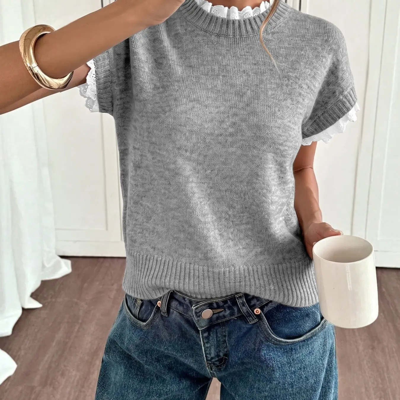 Elegant Apricot Lace Trim Knit Vest, Round Neck, Loose Fit