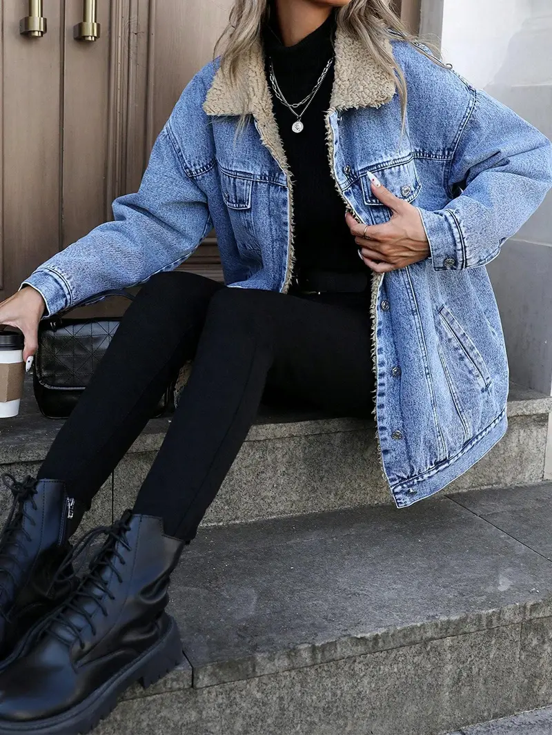 Women's Fall Winter Casual Long Sleeve Fitted Jacket, Elegant Solid Color Stand Collar Thick Warm Denim Coat, Jean Jacket Coat, Casual Coats, Casual Fashionable Outerwear, Versatile Outerwear for Women Lady Womenswear, Autumn Denim Jackets